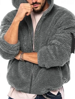 Hot OUKU Men's Winter Jacket Polar Fleece Jacket Hoodied Jacket Daily Vacation Thermal Warm Pocket Fall & Winter Plain Fashion Streetwear Hooded Regular Black Navy Blue Khaki Dark Gray Jacket