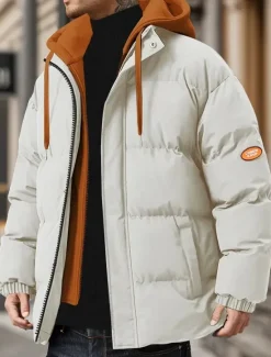 Sale OUKU Men's Winter Jacket Puffer Jacket Padded Hooded Fake two piece Polyster Pocket Sports Outdoor Regular Fashion Casual Thermal Warm Windproof Winter Plain Black Blue Beige Puffer Jacket