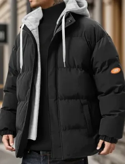 Sale OUKU Men's Winter Jacket Puffer Jacket Padded Hooded Fake two piece Polyster Pocket Sports Outdoor Regular Fashion Casual Thermal Warm Windproof Winter Plain Black Blue Beige Puffer Jacket