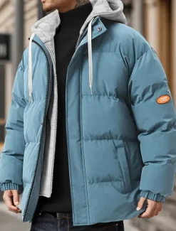 Sale OUKU Men's Winter Jacket Puffer Jacket Padded Hooded Fake two piece Polyster Pocket Sports Outdoor Regular Fashion Casual Thermal Warm Windproof Winter Plain Black Blue Beige Puffer Jacket