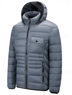 Best OUKU Men's Winter Jacket Puffer Jacket Padded Pocket Hooded Polyster Pocket Outdoor Date Casual Daily Regular Fashion Casual Thermal Warm Windproof Winter Plain Dark Grey Black Red Blue Puffer Jacket