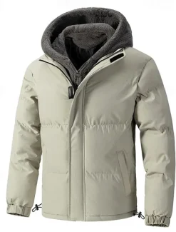 OUKU Men's Winter Jacket Puffer Jacket Fleece Jacket Padded 2 in 1 Fake two piece Polyster Hoodie Pocket Outdoor Date Casual Daily Regular Fashion Casual Thermal Warm Windproof Winter Plain Dark Grey