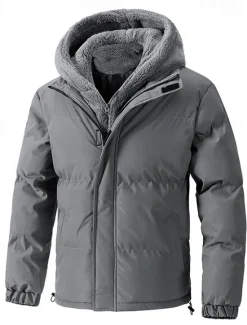 OUKU Men's Winter Jacket Puffer Jacket Fleece Jacket Padded 2 in 1 Fake two piece Polyster Hoodie Pocket Outdoor Date Casual Daily Regular Fashion Casual Thermal Warm Windproof Winter Plain Dark Grey