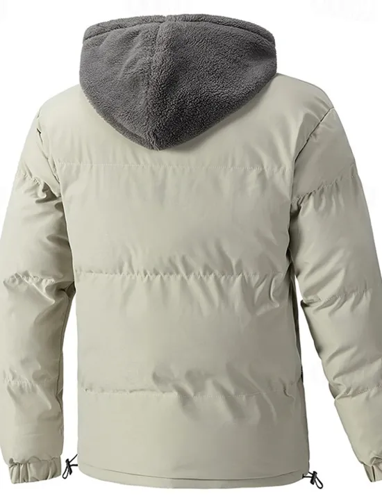 Clearance OUKU Men's Winter Jacket Puffer Jacket Fleece Jacket Padded 2 in 1 Fake two piece Polyster Hoodie Pocket Outdoor Date Casual Daily Regular Fashion Casual Thermal Warm Windproof Winter Plain Black Beige