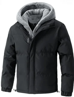 Clearance OUKU Men's Winter Jacket Puffer Jacket Fleece Jacket Padded 2 in 1 Fake two piece Polyster Hoodie Pocket Outdoor Date Casual Daily Regular Fashion Casual Thermal Warm Windproof Winter Plain Black Beige