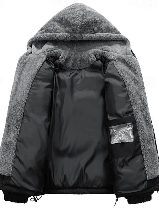 Clearance OUKU Men's Winter Jacket Puffer Jacket Fleece Jacket Padded 2 in 1 Fake two piece Polyster Hoodie Pocket Outdoor Date Casual Daily Regular Fashion Casual Thermal Warm Windproof Winter Plain Black Beige
