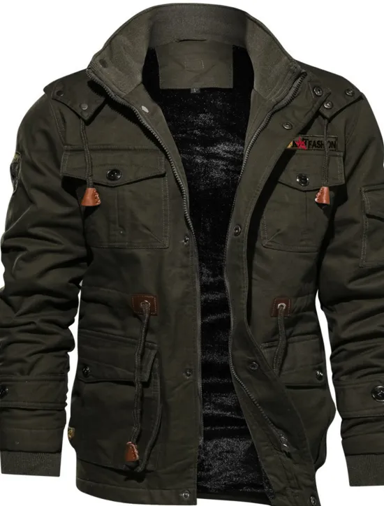 Sale OUKU Men's Winter Jacket Winter Coat Work Jacket Outdoor Street Windproof Warm Drawstring Winter Solid Colored Fashion Keep Warm Stand Collar Regular Cotton Fleece Black Army Green Khaki Jacket