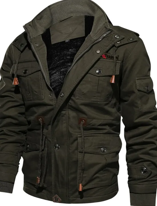 Sale OUKU Men's Winter Jacket Winter Coat Work Jacket Outdoor Street Windproof Warm Drawstring Winter Solid Colored Fashion Keep Warm Stand Collar Regular Cotton Fleece Black Army Green Khaki Jacket