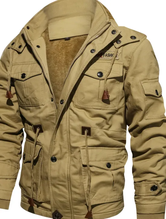 Sale OUKU Men's Winter Jacket Winter Coat Work Jacket Outdoor Street Windproof Warm Drawstring Winter Solid Colored Fashion Keep Warm Stand Collar Regular Cotton Fleece Black Army Green Khaki Jacket