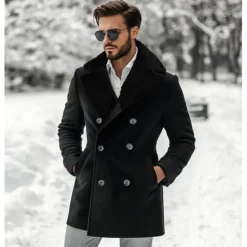 Hot OUKU Men's Winter Jacket Wool Coat Coat Christmas Outdoor Fur Trim Buttons Winter Solid Color Christmas Elegant Fold-over Collar Regular Black Brown Jacket