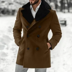 Hot OUKU Men's Winter Jacket Wool Coat Coat Christmas Outdoor Fur Trim Buttons Winter Solid Color Christmas Elegant Fold-over Collar Regular Black Brown Jacket