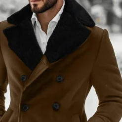Hot OUKU Men's Winter Jacket Wool Coat Coat Christmas Outdoor Fur Trim Buttons Winter Solid Color Christmas Elegant Fold-over Collar Regular Black Brown Jacket