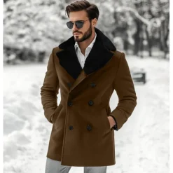 Hot OUKU Men's Winter Jacket Wool Coat Coat Christmas Outdoor Fur Trim Buttons Winter Solid Color Christmas Elegant Fold-over Collar Regular Black Brown Jacket
