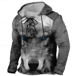 Outlet OUKU Men's Wolf 3D Hoodies Stylish Casual Long Sleeve Hooded Holiday Streetwear Black Brown Drawstring Graphic Fall Winter Designer
