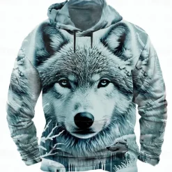 Hot OUKU Men's Wolf 3D Hoodies Sweatshirt Cool Party Long Sleeve Crew Neck Club Streetwear White Blue Drawstring Fall Winter Designer