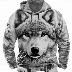 Hot OUKU Men's Wolf 3D Hoodies Sweatshirt Cool Party Long Sleeve Crew Neck Club Streetwear White Blue Drawstring Fall Winter Designer
