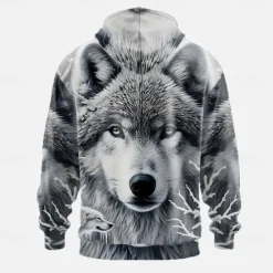 Hot OUKU Men's Wolf 3D Hoodies Sweatshirt Cool Party Long Sleeve Crew Neck Club Streetwear White Blue Drawstring Fall Winter Designer