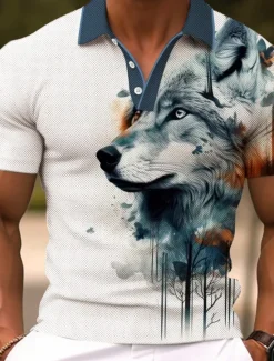 Online OUKU Men's Wolf Golf Shirt Short Sleeve Polo Shirts Collared Shirts Funny Streetwear Vacation Wear Party Outfits Buttons 3D Print Summer Spring Black Red Navy Blue