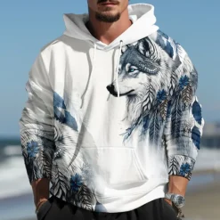 Discount OUKU Men's Wolf Graphic Prints Hoodie Hoodies Sweatshirt Daily Classic Long Sleeve Hooded Holiday Going out Streetwear Blue Dark Green Print Spring & Fall Designer