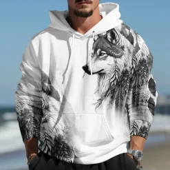 Discount OUKU Men's Wolf Graphic Prints Hoodie Hoodies Sweatshirt Daily Classic Long Sleeve Hooded Holiday Going out Streetwear Blue Dark Green Print Spring & Fall Designer