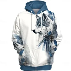 New OUKU Men's Wolf Hoodie Hoodies Sweatshirt Fashion Cool Long Sleeve Hooded Vacation Gym Drawstring Fall Winter Designer Blue