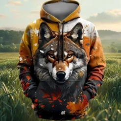 OUKU Men's Wolf Hoodies Sweatshirt Fashion Cool Long Sleeve Crew Neck Party Holiday Streetwear Drawstring Fall Winter Designer Brown