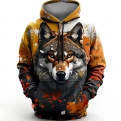 OUKU Men's Wolf Hoodies Sweatshirt Fashion Cool Long Sleeve Crew Neck Party Holiday Streetwear Drawstring Fall Winter Designer Brown