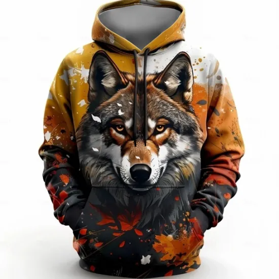 OUKU Men's Wolf Hoodies Sweatshirt Fashion Cool Long Sleeve Crew Neck Party Holiday Streetwear Drawstring Fall Winter Designer Brown