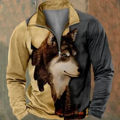 Online OUKU Men's Wolf Sweatshirts Sweatshirt Zip Sweatshirt Quarter Zip Sweatshirt Long Sleeve Sweatshirt Half Zip Zip Quarter Zip Cool Daily Casual 3D Printing Vacation Going out Streetwear Zipper Half Zip Khaki