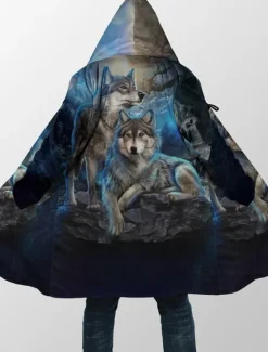 Outlet OUKU Men's Wolf Winter Coat Fleece Jacket Coat Thermal Warm Vintage Abstract Daily Wear Going out Pocket Print Fall & Winter Hooded Long Sleeve Blue