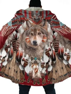 Sale OUKU Men's Wolf Winter Coat Fleece Jacket Coat Warm Breathable Comfortable Vintage Abstract Sports & Outdoor Daily Wear Going out Zipper Pocket Print Fall & Winter Hoodie Long Sleeve Burgundy
