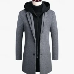 Sale OUKU Men's Wool Coat Overcoat Trench Coat Long Trench Coat Daily Vacation Fall & Winter Wool Thermal Warm Windproof Outerwear Clothing Apparel Fashion Classic Color Block Pocket Hooded Single Breasted