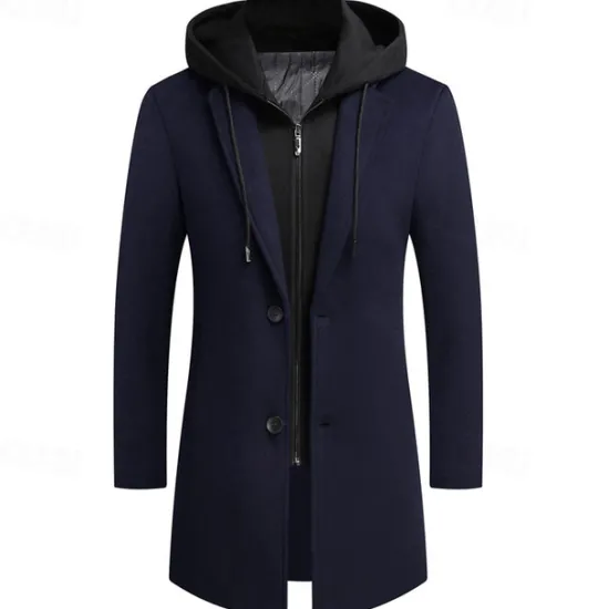 Sale OUKU Men's Wool Coat Overcoat Trench Coat Long Trench Coat Daily Vacation Fall & Winter Wool Thermal Warm Windproof Outerwear Clothing Apparel Fashion Classic Color Block Pocket Hooded Single Breasted