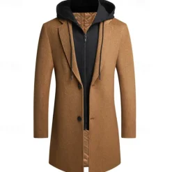 Sale OUKU Men's Wool Coat Overcoat Trench Coat Long Trench Coat Daily Vacation Fall & Winter Wool Thermal Warm Windproof Outerwear Clothing Apparel Fashion Classic Color Block Pocket Hooded Single Breasted