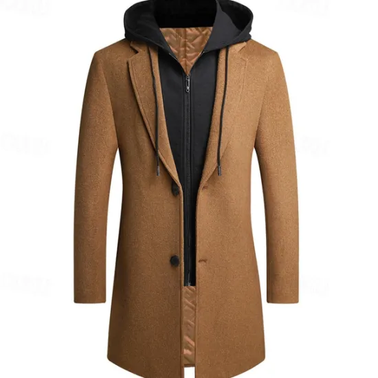 Sale OUKU Men's Wool Coat Overcoat Trench Coat Long Trench Coat Daily Vacation Fall & Winter Wool Thermal Warm Windproof Outerwear Clothing Apparel Fashion Classic Color Block Pocket Hooded Single Breasted