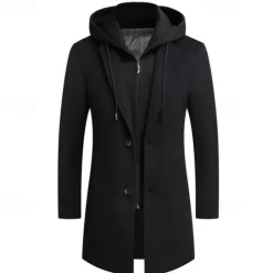 Sale OUKU Men's Wool Coat Overcoat Trench Coat Long Trench Coat Daily Vacation Fall & Winter Wool Thermal Warm Windproof Outerwear Clothing Apparel Fashion Classic Color Block Pocket Hooded Single Breasted