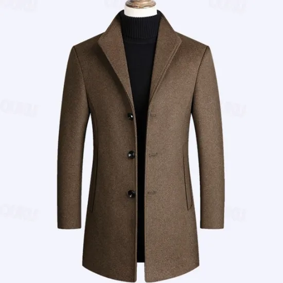 New OUKU Men's Wool Coat Overcoat Trench Coat Long Trench Coat Daily Vacation Fall & Winter Polyester Thermal Warm Windproof Outerwear Clothing Apparel Fashion Classic Plain Pocket Lapel Single Breasted