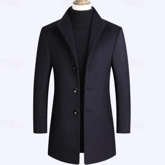 New OUKU Men's Wool Coat Overcoat Trench Coat Long Trench Coat Daily Vacation Fall & Winter Polyester Thermal Warm Windproof Outerwear Clothing Apparel Fashion Classic Plain Pocket Lapel Single Breasted