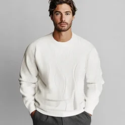 OUKU Men's Wool Pullover Sweater Jumper Cable Knit Paisley Crew Neck Knitwear Elegant Christmas Outdoor Clothing Apparel Fall Winter Black White S M L