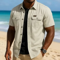 Discount OUKU Men's Work Shirt Western Shirt Cargo Shirt Short Sleeve Casual Tactical Sports Outdoor Going out Summer Spring Turndown Cotton Button Up Shirts Khaki Beige