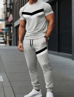 Sale OUKU Men's Workout Set Tracksuit T shirt & Pants Set Outfit Set Crew Neck Outdoor Daily Sports Pocket Drawstring 2 Piece Color Block Black Light Grey Polyester Activewear Classic Casual Summer