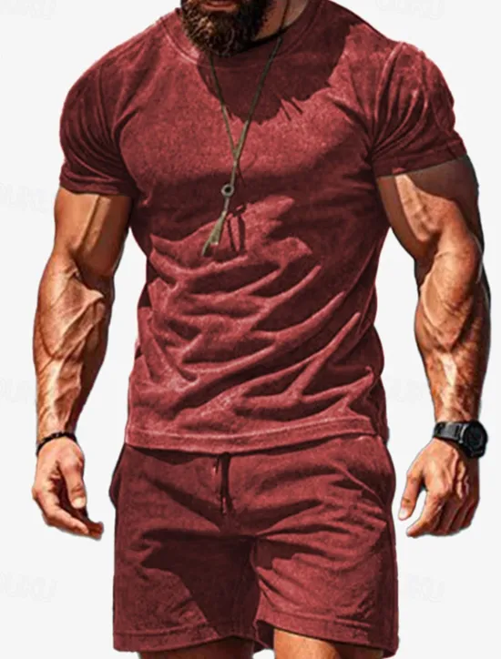 Sale OUKU Men's Workout Set Tracksuit T shirt & Shorts Set Outfit Set Crew Neck Outdoor Daily Sports Pocket Drawstring 2 Piece Solid Color Wine Red Royal Blue Green Polyester Activewear Classic Casual Summer