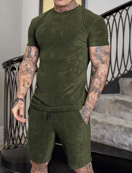 Sale OUKU Men's Workout Set Tracksuit T shirt & Shorts Set Outfit Set Crew Neck Outdoor Daily Sports Pocket Drawstring 2 Piece Solid Color Wine Red Royal Blue Green Polyester Activewear Classic Casual Summer