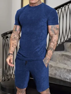 Sale OUKU Men's Workout Set Tracksuit T shirt & Shorts Set Outfit Set Crew Neck Outdoor Daily Sports Pocket Drawstring 2 Piece Solid Color Wine Red Royal Blue Green Polyester Activewear Classic Casual Summer