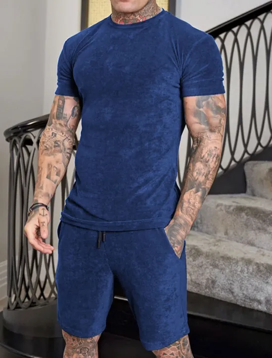 Sale OUKU Men's Workout Set Tracksuit T shirt & Shorts Set Outfit Set Crew Neck Outdoor Daily Sports Pocket Drawstring 2 Piece Solid Color Wine Red Royal Blue Green Polyester Activewear Classic Casual Summer