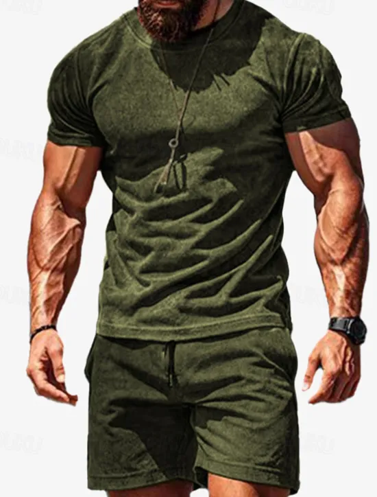 Sale OUKU Men's Workout Set Tracksuit T shirt & Shorts Set Outfit Set Crew Neck Outdoor Daily Sports Pocket Drawstring 2 Piece Solid Color Wine Red Royal Blue Green Polyester Activewear Classic Casual Summer