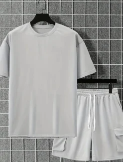 Hot OUKU Men's Workout Set Tracksuit T shirt & Shorts Set Outfit Set Crew Neck Outdoor Daily Sports Pocket Drawstring 2 Piece Plain Black Red Green Polyester Activewear Classic Casual Summer
