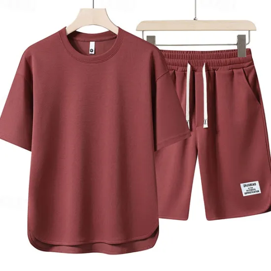 Outlet OUKU Men's Workout Set Tracksuit T shirt & Shorts Set Outfit Set Crew Neck Outdoor Daily Sports Pocket Drawstring 2 Piece Plain Black White Red Polyester Activewear Classic Casual Summer