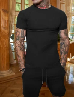 New OUKU Men's Workout Set Tracksuit T shirt & Shorts Set Outfit Set Crew Neck Outdoor Daily Sports Pocket Drawstring 2 Piece Plain Black White Yellow Polyester Activewear Classic Casual Summer