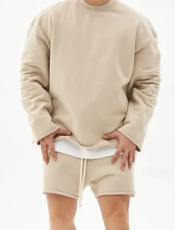 OUKU Men's Workout Set Tracksuit Sweatshirt & Shorts Set Outfit Set Crew Neck Outdoor Daily Sports Pocket Drawstring 2 Piece Plain Black White Khaki Activewear Classic Casual Summer